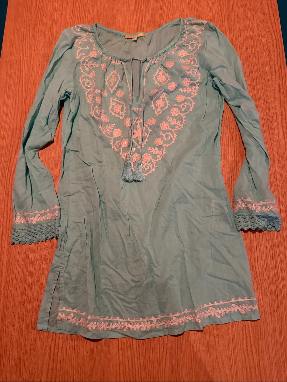 Gianni Bini Teal Embroidered Peasant Tunic with Tassel Tie
